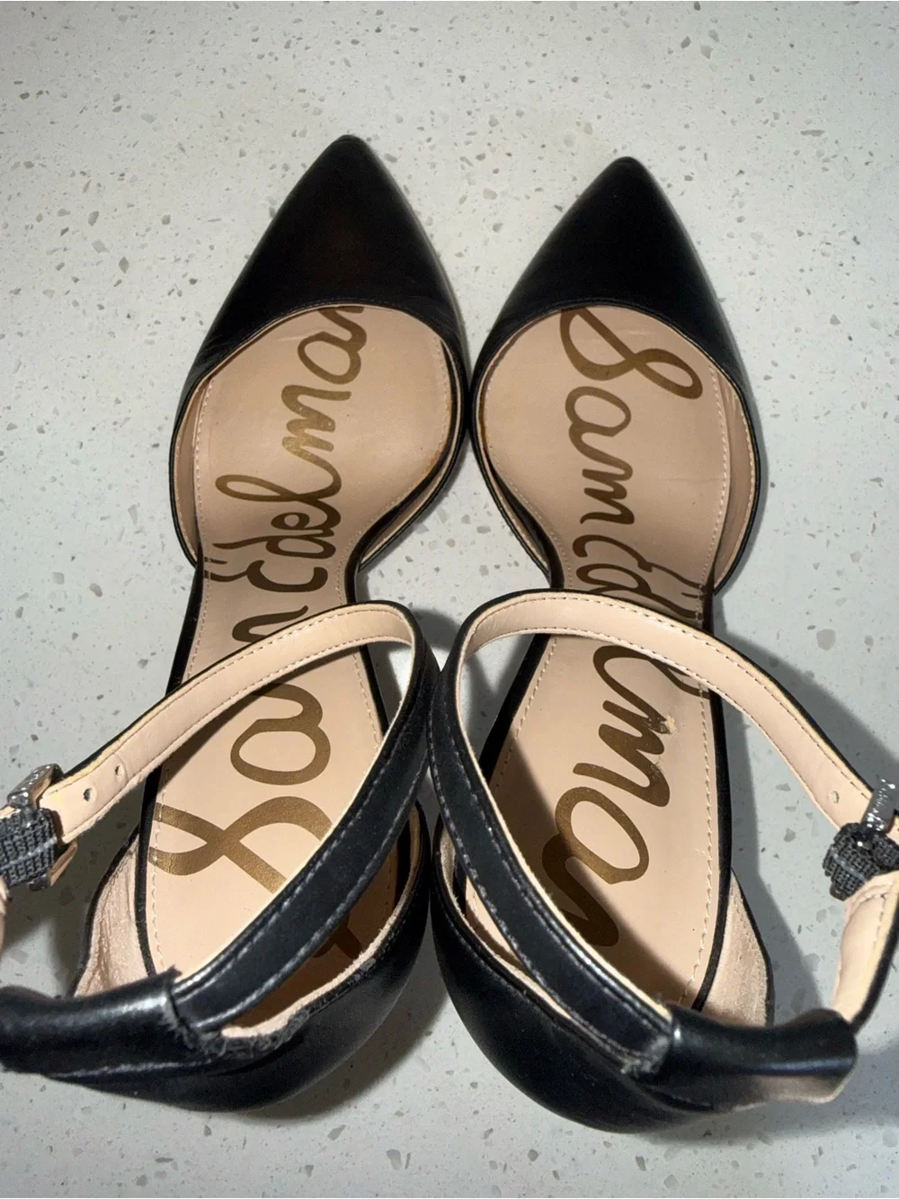 Sam Edelman Black Leather Pointed Ankle-Strap Stilettos